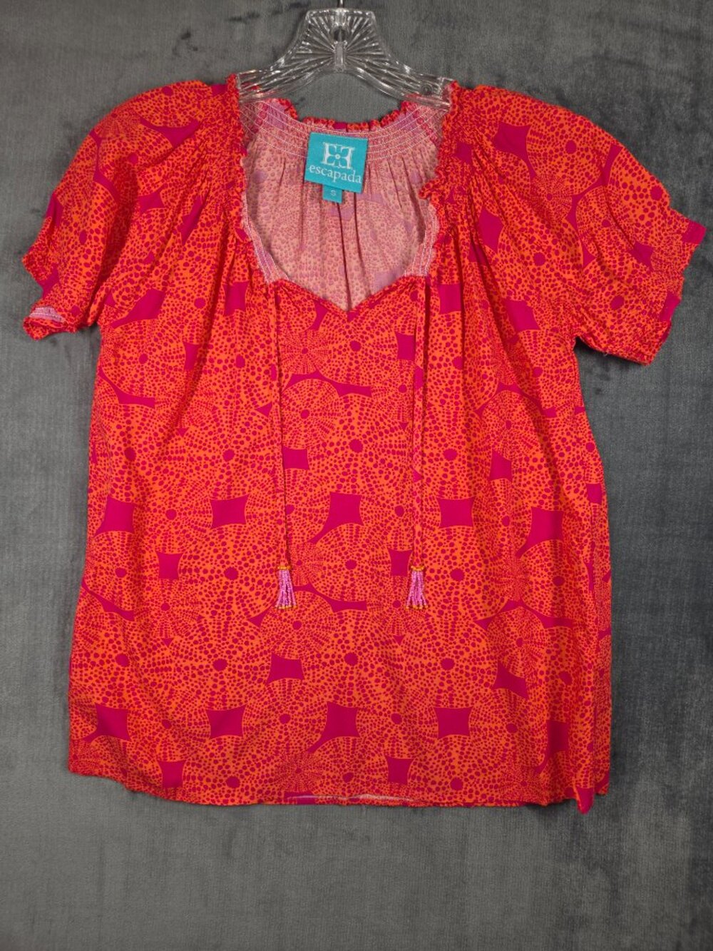 Escapada Women's Top Shirt Blouse Orange Pink Beaded Drawstring S/S Boho Size S